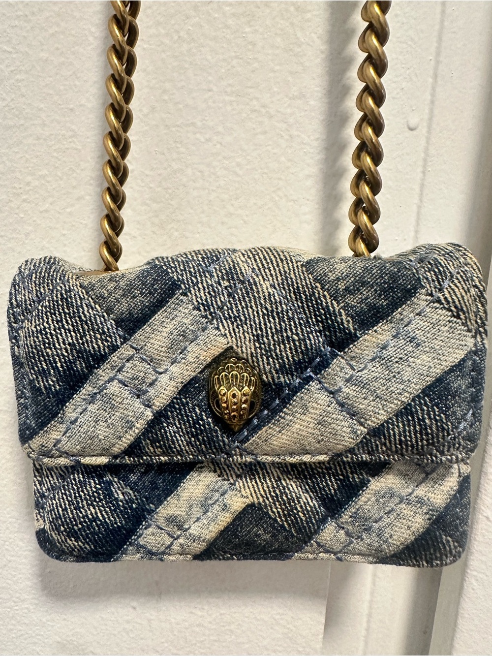 Kurt Geiger Quilted Denim Blue Crossbody with Gold Chain. Micro Kensington Bag